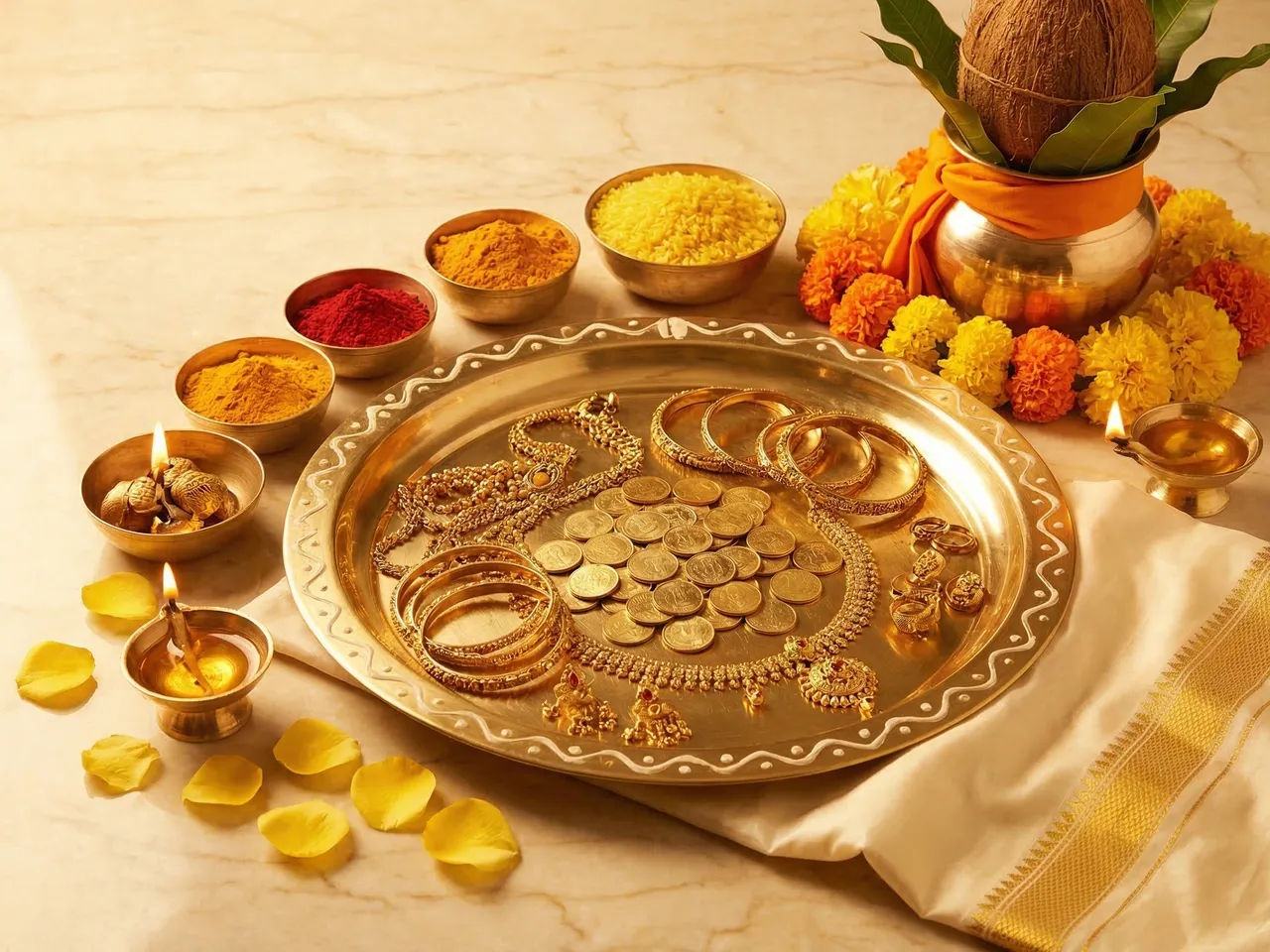 Akshaya Tritiya Laddu Gopal poshak: Golden brocade or zari-work poshak with new gold ornaments