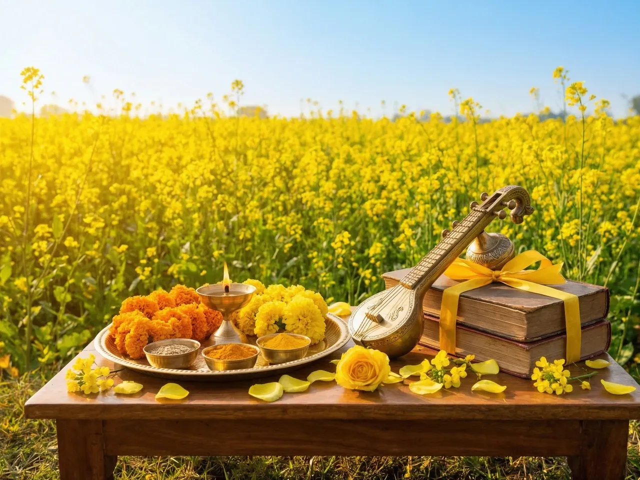 Vasant Panchami Laddu Gopal poshak: Radiant yellow silk or satin poshak with golden embellishments