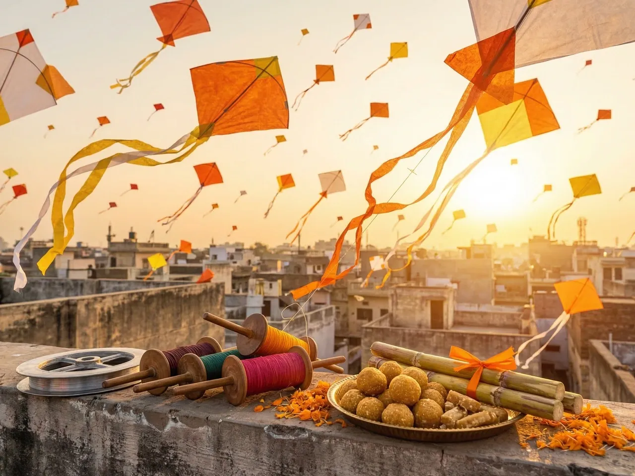 Makar Sankranti Laddu Gopal poshak: Cotton or silk poshak with kite-themed motifs in saffron and orange