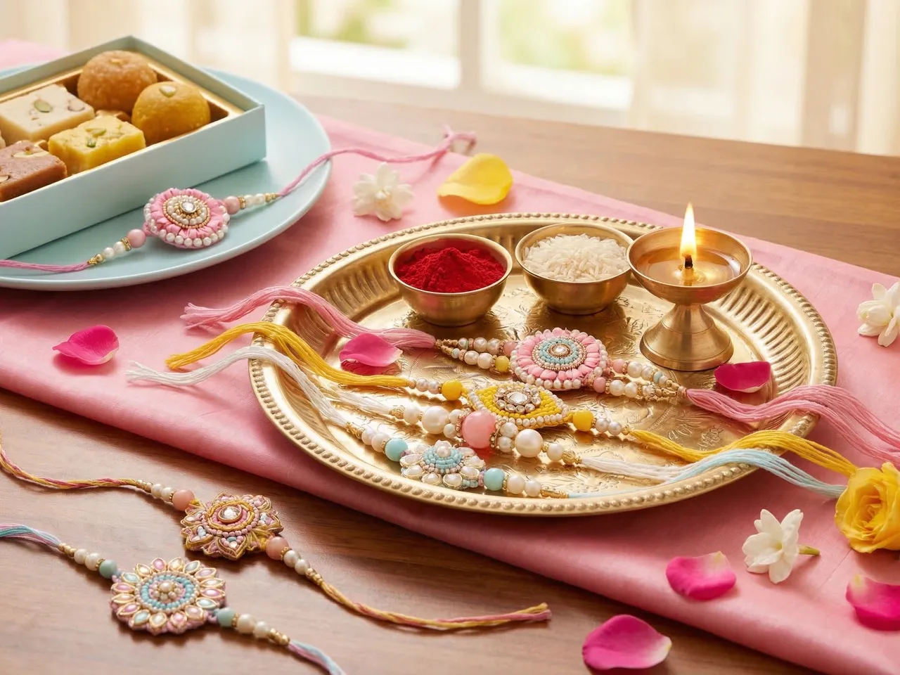 Raksha Bandhan Laddu Gopal poshak: Fresh, clean poshak in celebratory pastels with visible wrist for rakhi