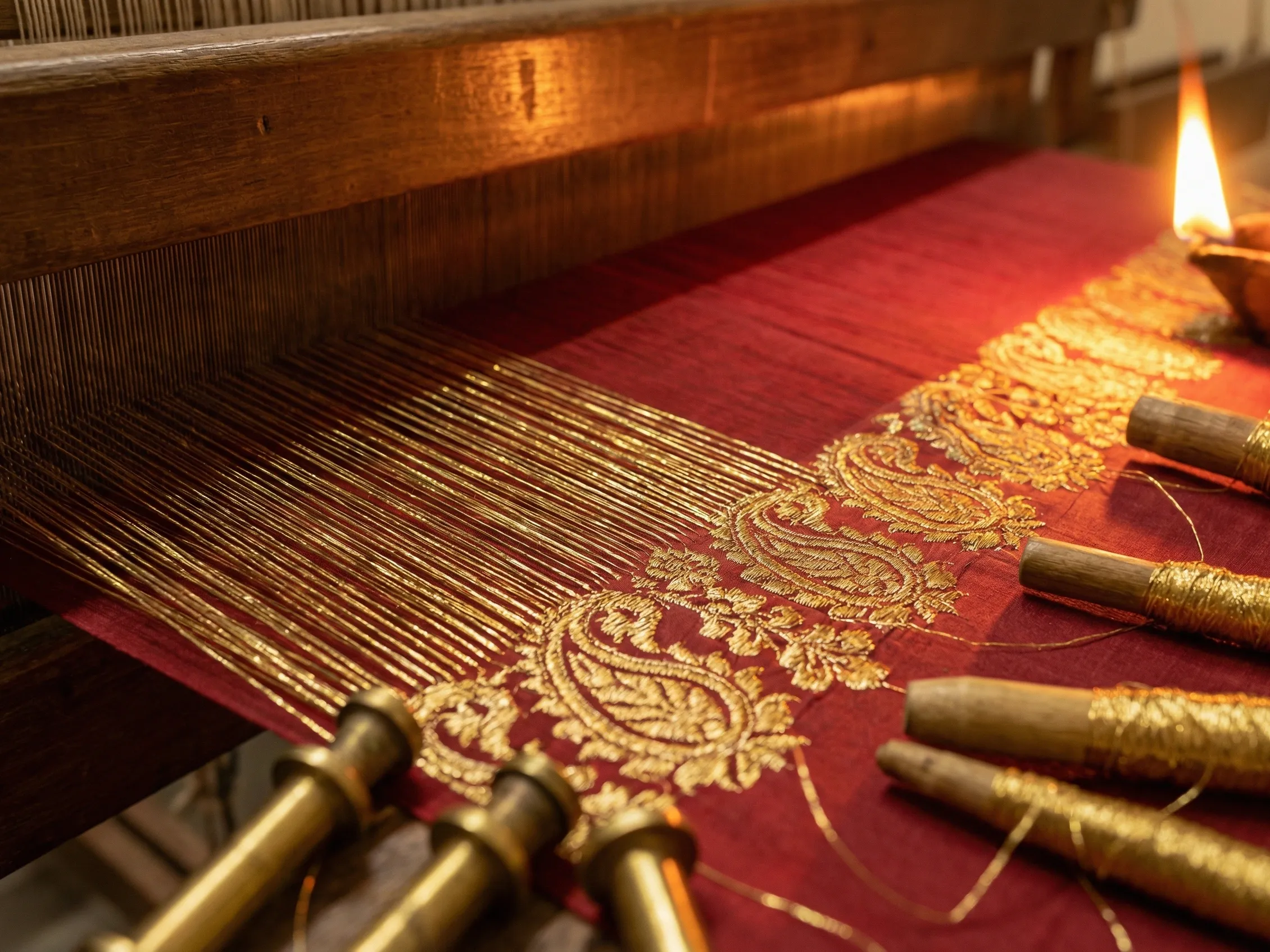 Close-up of zari fabric used in premium Laddu Gopal poshak at Gopalji Fashion