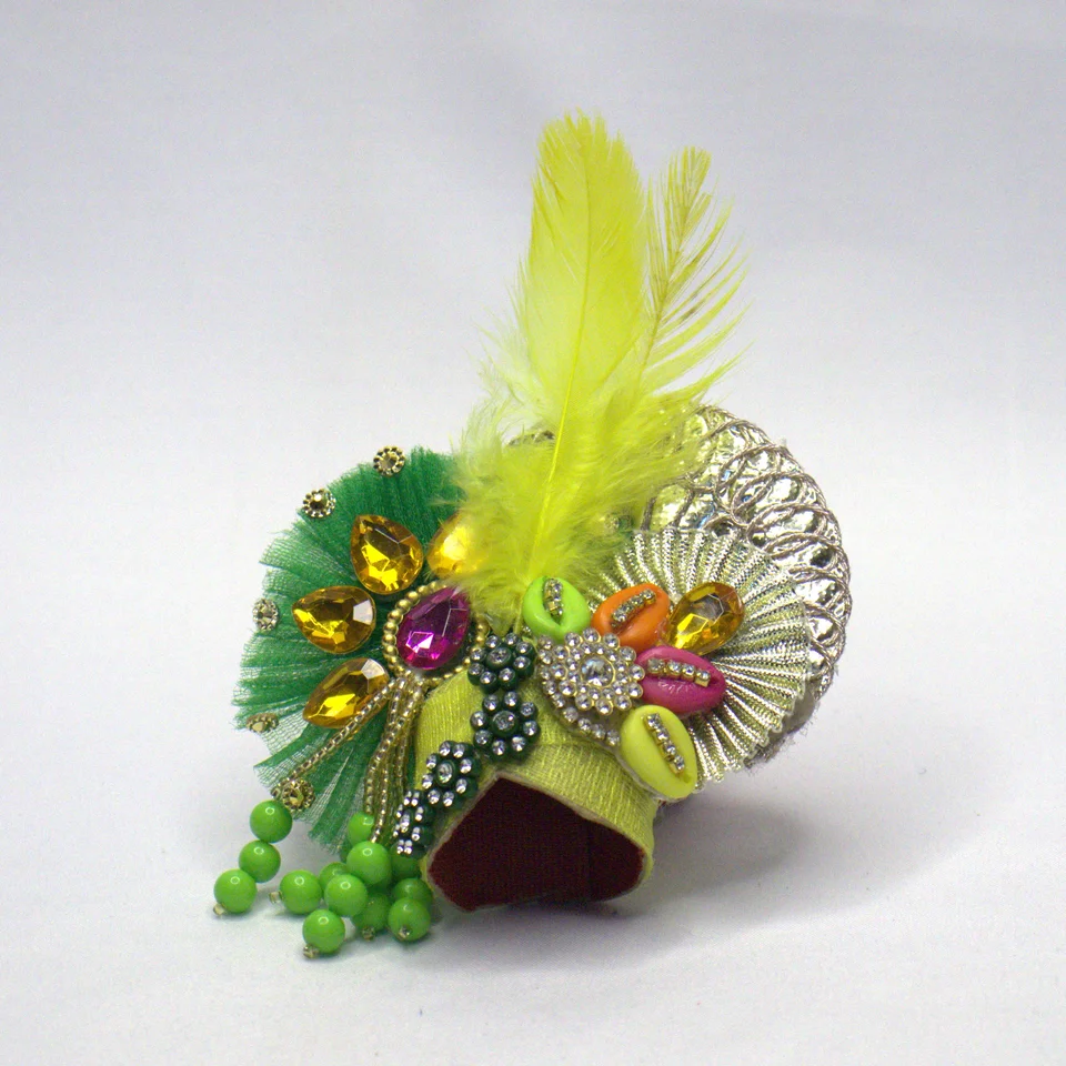 Dark Green Net Multicolor Shell Butti Mirror Work Shringar - Mukut