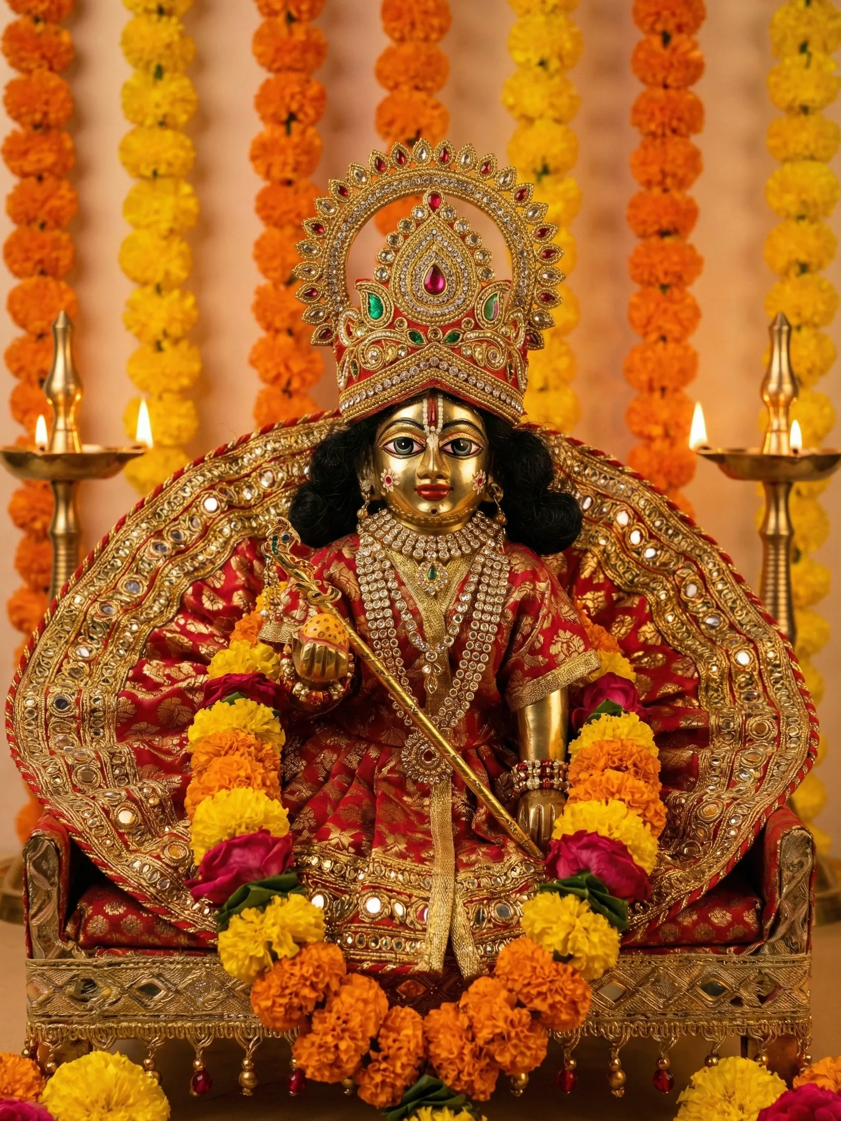 Festival grand shringar for Kanha Ji with elaborate decoration and flower mala