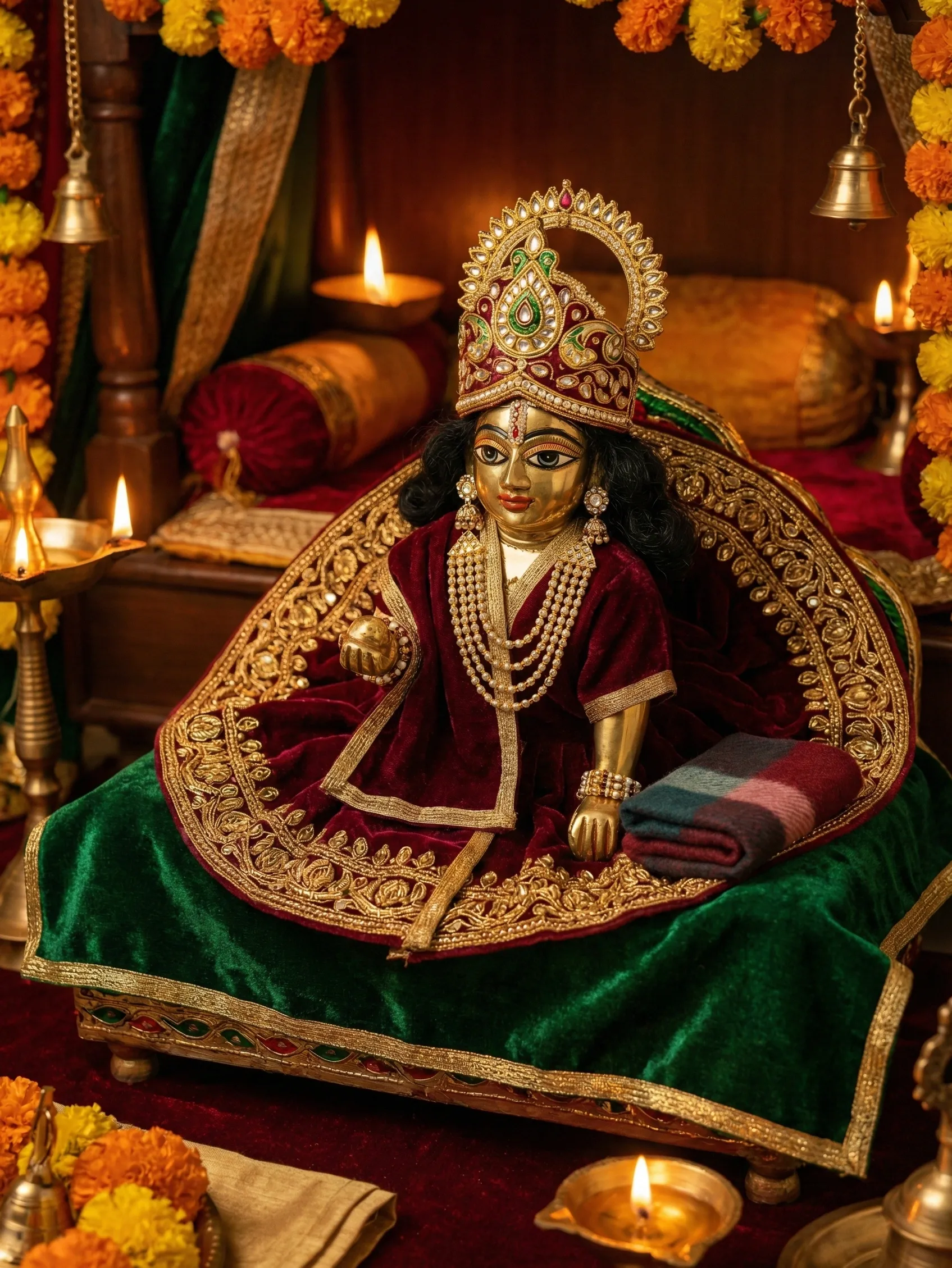 Laddu Gopal dressed in winter velvet poshak with warm jewel-tone embroidery